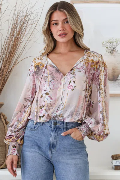 Salty Crush Violet Blouse - Frill Collar Button Down Balloon Sleeve Top In Baroque Print
