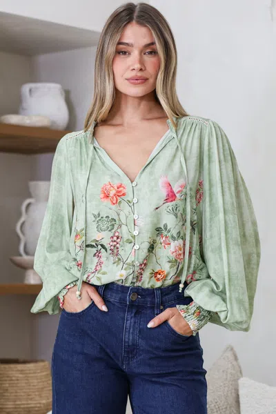 Salty Crush Violet Blouse - Frill Collar Button Down Balloon Sleeve Top In Ferngully Print