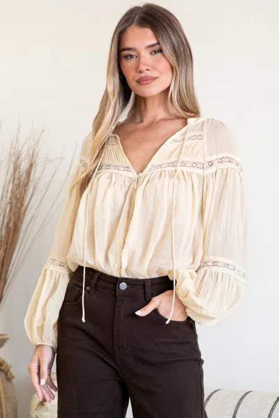 Salty Crush Vivianne Blouse - V Neck Lace Detailed Button Down With Balloon Sleeves In Cream