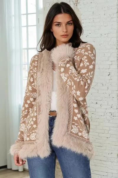 Salty Crush Wolfe Jacket - Faux Fur Trim Open Knit Jacket In Camel