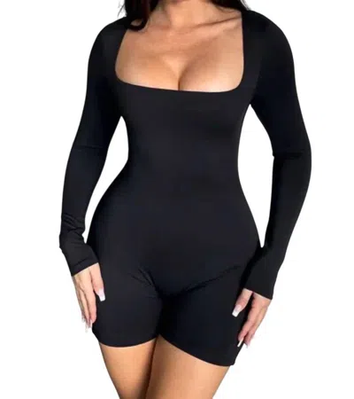 Salty Erin Square Neck Long-sleeve Romper In Black