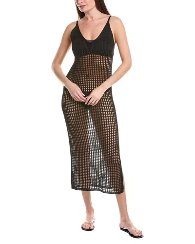 Salty Lemon Low V-neck Open Knit Slip Dress In Black