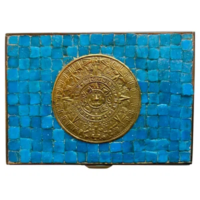 Pre-owned Salvador Teran Turquoise Glass Mosaic Trinket Box With Aztec Calendar Medallion, Mexico, 1950's In Brown