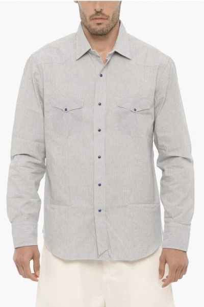 Salvatore Piccolo Hairline Striped Texana Shirt With Double Breast Pocket In Grey