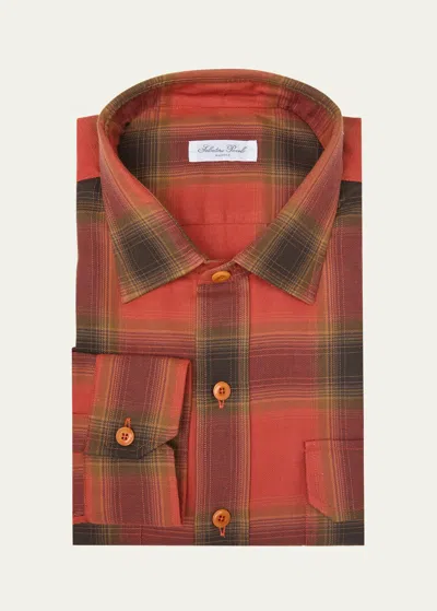 Salvatore Piccolo Men's Cotton Plaid Casual Button-down Shirt In Red Brn