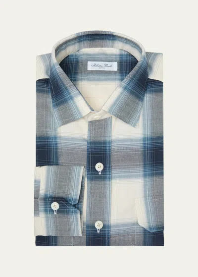 Salvatore Piccolo Men's Cotton Plaid Casual Button-down Shirt In Wht Lt Blu