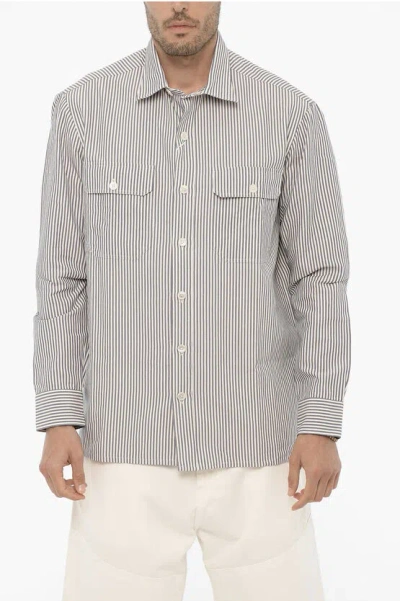 Salvatore Piccolo Two-tone Striped Nico Shirt With Double Breast Pocket In Gray