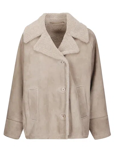 SALVATORE SANTORO BROWN LEATHER BOMBER JACKET WITH PLUSH SHEEPSKIN LINING
