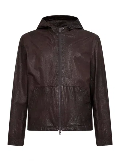 Salvatore Santoro Coffee Crinkled Leather Hooded Jacket In Brown