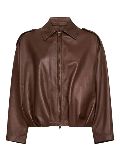 Salvatore Santoro Shirt-collar Pleated Leather Jacket In Burgundy