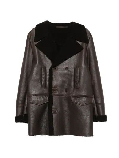 Salvatore Santoro Double-breasted Shearling-collar Coat In Brown