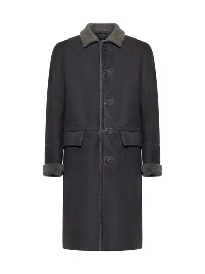 Salvatore Santoro Leather And Shearling Coat In Blue