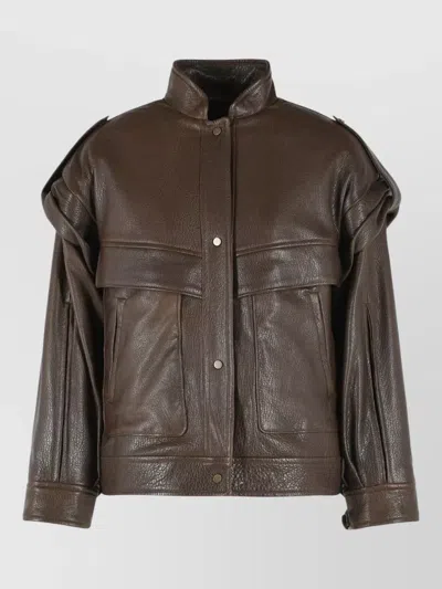 Salvatore Santoro Rich Brown Leather Bomber Jacket With Raised Collar And Unique Detailing