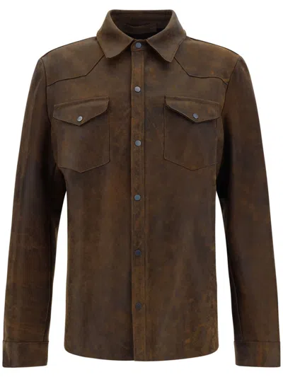 Salvatore Santoro Crackle-finish Leather Overshirt Jacket With Double Breast P In Brown