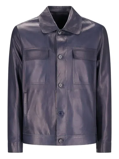 Salvatore Santoro Leather Shirt Jacket In Blue