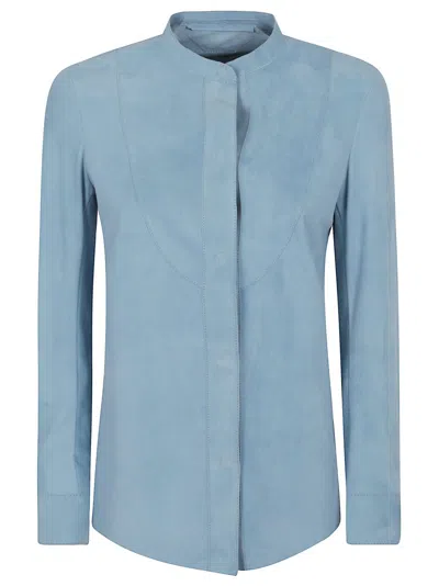 Salvatore Santoro Mandarin Collar Leather Jacket With Unique Cutouts In Blue