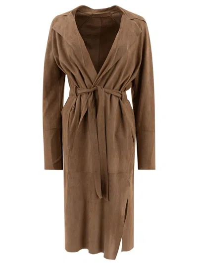 Salvatore Santoro Mid-length Beige Ovine Leather Wrap Coat In Brown