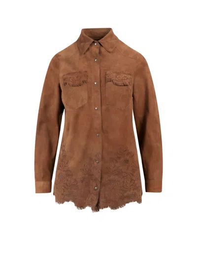 SALVATORE SANTORO SUEDE SHIRT WITH FLORAL EMBROIDERIES