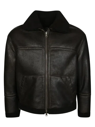 SALVATORE SANTORO TEXTURED BLACK LEATHER CLASSIC BOMBER JACKET