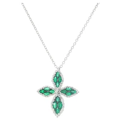 Pre-owned Salvini 18k White Gold Emerald And Diamond Cross Necklace, Made In Italy