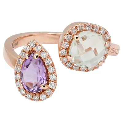 Pre-owned Salvini Amethyst And Diamond Halo Wrap Ring 18k Rose Gold Size 6.25 In Red