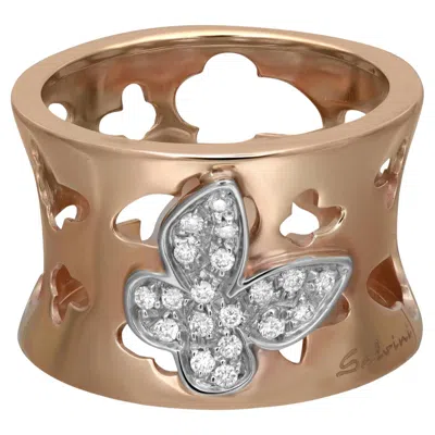 Pre-owned Salvini Butterfly Cut Out Diamond Wide Band Ring 18k Rose & White Gold Size 7.5