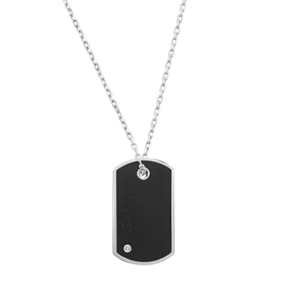 Pre-owned Salvini Diamond And Onyx Bar Pendant Necklace 18k White Gold 0.10cttw