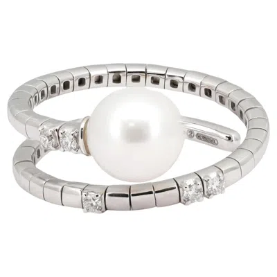 Pre-owned Salvini Pearl & Diamond Spiral Wrap Ring 18k White Gold Size Us 6.5-8