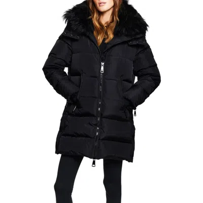 Sam . Addison Water Resistant Down Puffer Coat With Genuine Shearling Collar In Matte Black