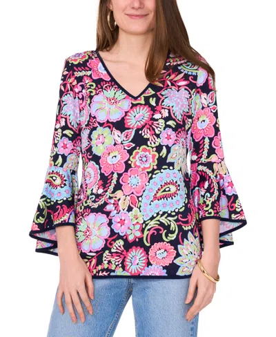 Sam & Jess Petite Bell-sleeve Floral Paisley-print Top In Pink Navy Paisley