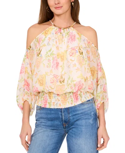 Sam & Jess Petite Cold-shoulder Smocked-hem Blouse In Honeysuckle