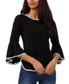 Sam & Jess Petite Contrast-trim Bell-sleeve Top In Black