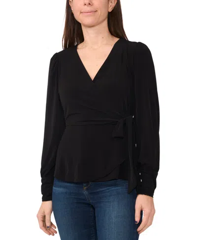Sam & Jess Petite Faux-wrap Long-sleeve Side-tie Top In Black