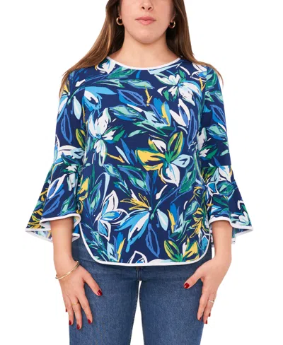 Sam & Jess Petite Floral-print Bell-sleeve Piped Top In Navy,blue