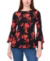 Sam & Jess Petite Floral-print Bell-sleeve Top In Black,red