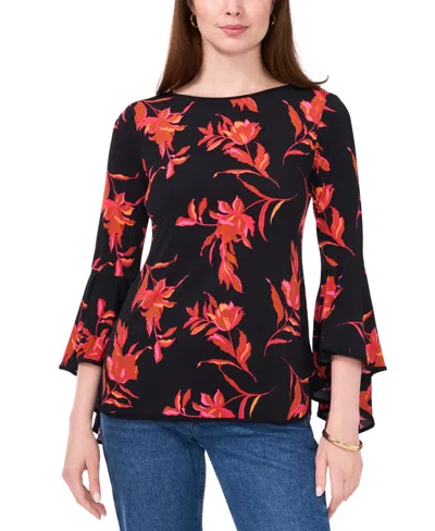 Sam & Jess Petite Floral-print Bell-sleeve Top In Black Orange Floral