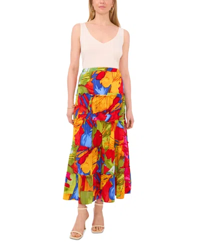 Sam & Jess Petite Floral-print Tiered Pull-on Maxi Skirt In Orange Multi