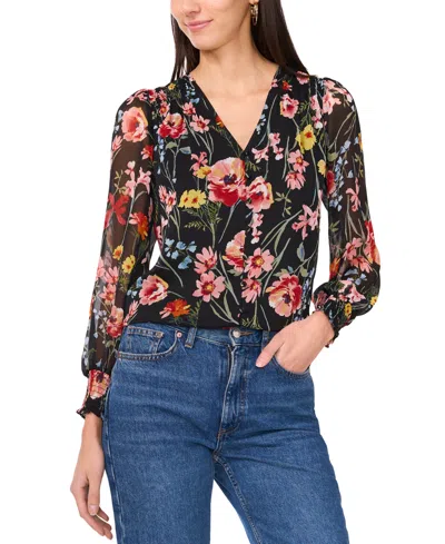 Sam & Jess Petite Floral Smocked-shoulder Blouse In Black,rose Yellow