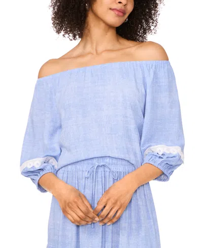 Sam & Jess Petite Lace-trim Off-the-shoulder 3/4-sleeve Top In Light Blue Wash