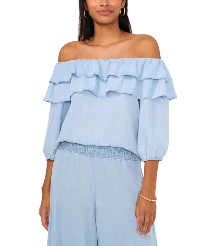 Sam & Jess Petite Off-the-shoulder Double-ruffle Top In Arctic Surf