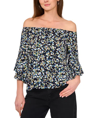 Sam & Jess Petite Off-the-shoulder Floral-print Bell-sleeve Top In Navy,yellow,peri