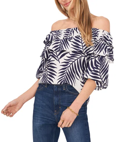 Sam & Jess Petite Printed Double-ruffle Bubble-sleeve Blouse In White,navy