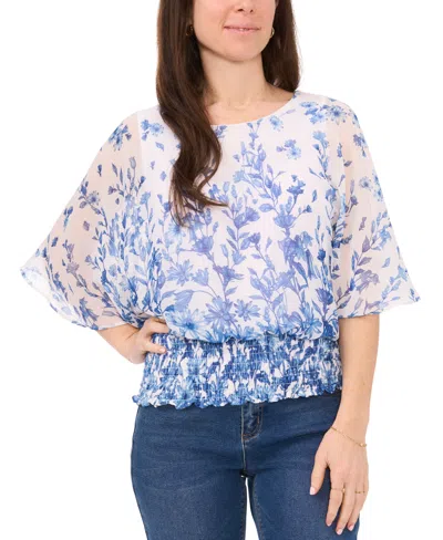 Sam & Jess Petite Printed Round-neck Smocked-waist Top In Lucent White