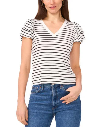 Sam & Jess Petite Ribbed Flutter-sleeve Striped Top In New Ivory