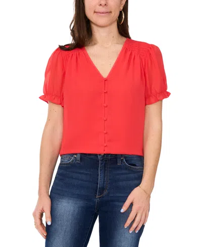 Sam & Jess Petite Smocked-shoulder Button-down Blouse In Cayenne