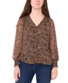 Sam & Jess Petite Smocked Shoulder V-neck Blouse Top In Brown