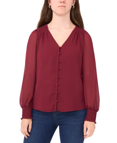 Sam & Jess Petite V-neck Smocked-shoulder Blouse In Burgundy