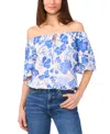 Sam & Jess Petite Vine-print Off-the-shoulder Elbow-sleeve Top In Jet Stream