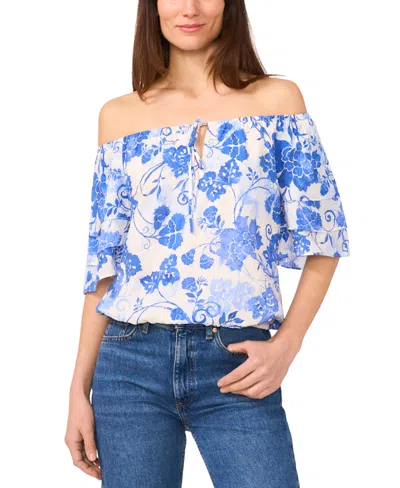 Sam & Jess Petite Vine-print Off-the-shoulder Elbow-sleeve Top In Jet Stream