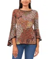 Sam & Jess Petite Contrast-trim Bell-sleeve Top In Spice Peacock